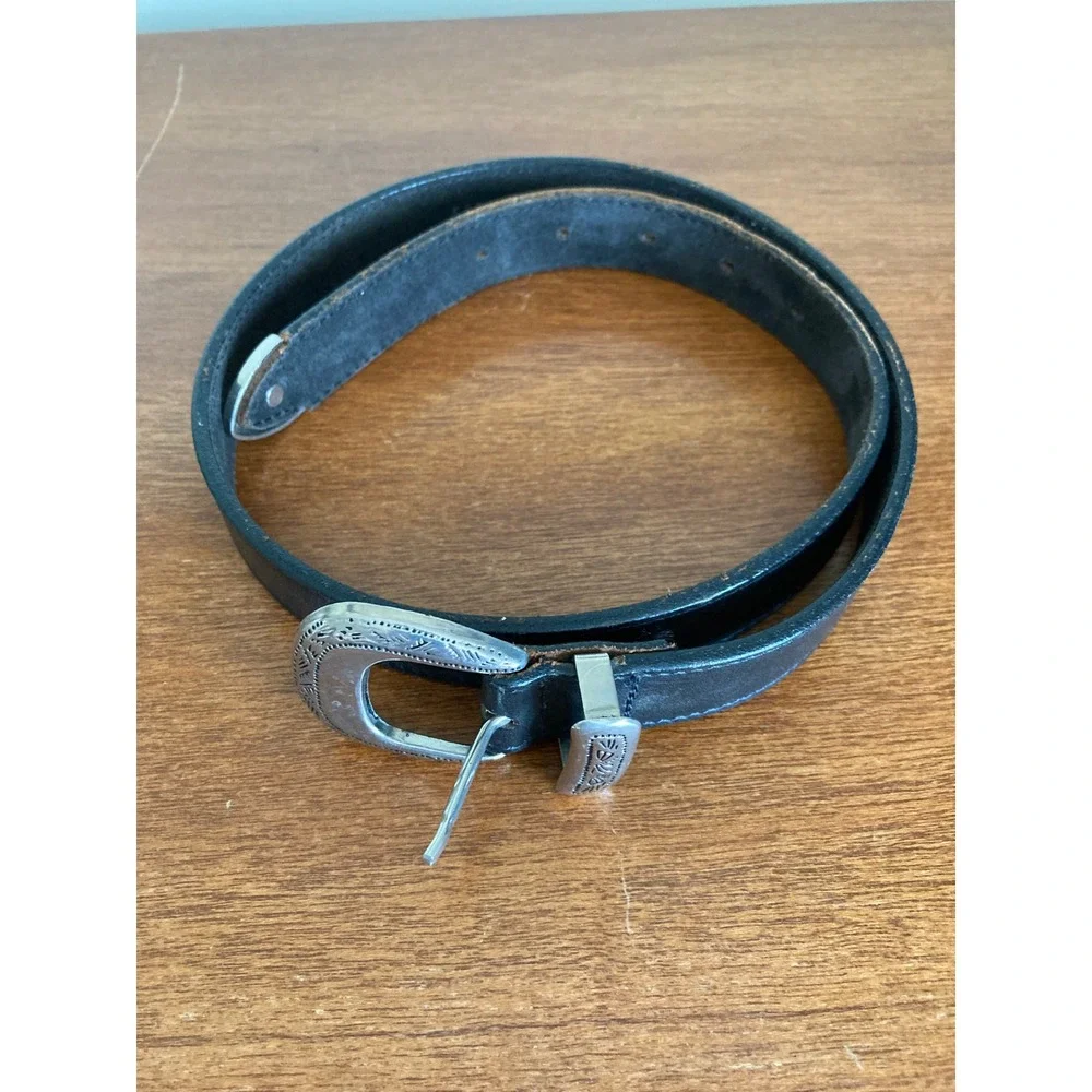 Vintage Black Leather Western Belt Silver Engraved Buckle Tip Made‎ in USA Small